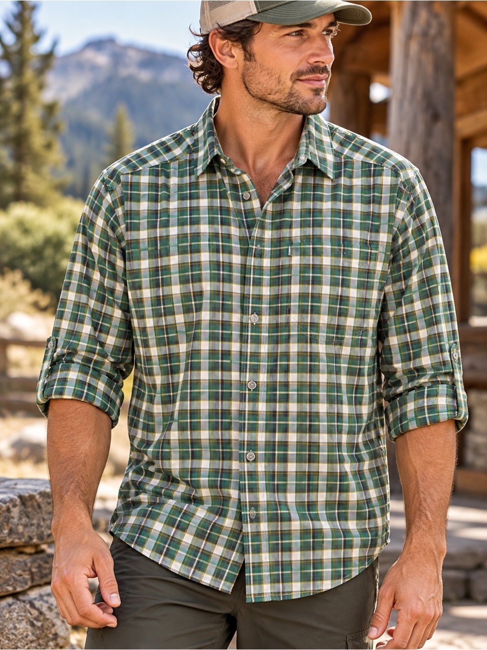 Eddie Bauer Men’s 2XL Green Plaid Performance Hiking Shirt #662